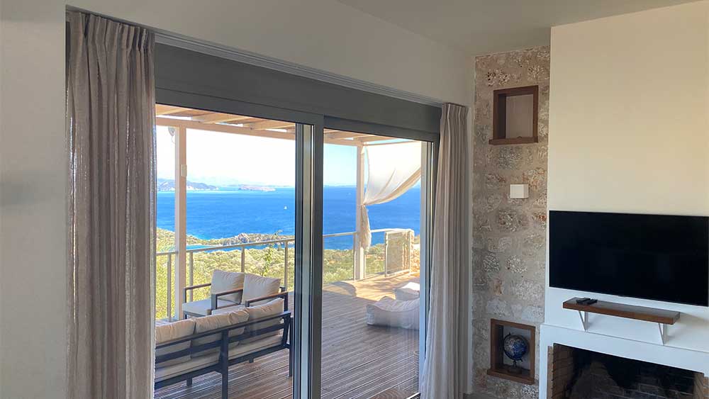 living room with view Ionian Sea Villa Tranquility in Sivota Greece
